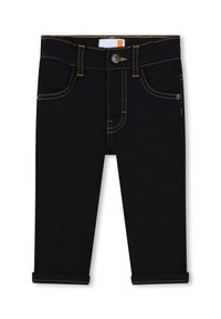 Pantaloni in denim nero con taglio affusolato, caratterizzati da cuciture dorate, chiusura con bottone e risvolti. Comprendono tasche anteriori e posteriori.