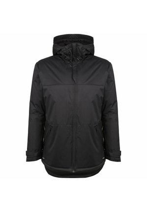 Veste noire rembourrée avec capuche, dotée d'une fermeture éclair frontale, de deux poches latérales et d'une texture lisse. Design simple et minimaliste.