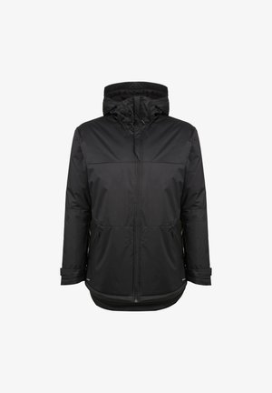 Zwarte, gewatteerde jas met een capuchon, voorzien van een ritssluiting aan de voorkant, twee zijzakken en een gladde textuur. Eenvoudig, minimalistisch ontwerp.