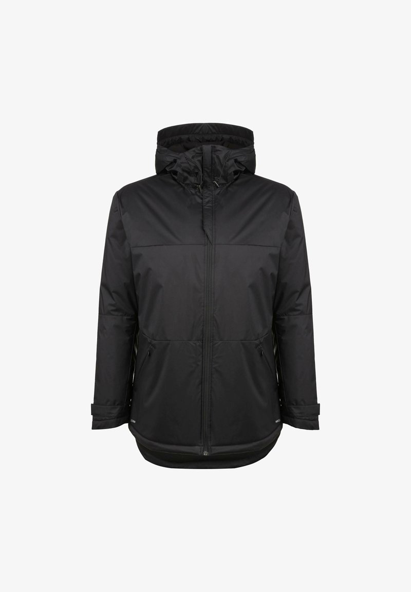 Veste noire rembourrée avec capuche, dotée d'une fermeture éclair frontale, de deux poches latérales et d'une texture lisse. Design simple et minimaliste.