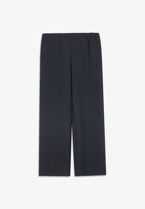 Čierne široké nohavice z mäkkej látky s elastickým pásom a priamym strihom. Bez vzorov alebo ozdôb.