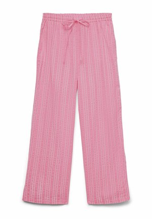 Pantalon rose à jambes larges avec des rayures blanches verticales et une ceinture élastique nouée à l'avant par un cordon.