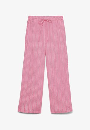 Pantalon rose à jambes larges avec des rayures blanches verticales et une ceinture élastique nouée à l'avant par un cordon.