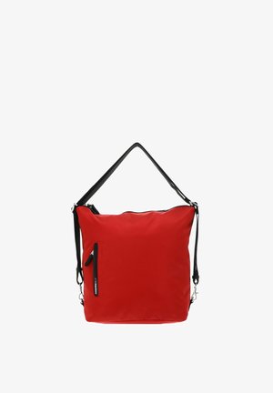 Sac bandoulière carré rouge avec sangle noire réglable et poche avant zippée avec curseur.