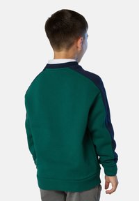 Sudadera verde y navy con mangas largas, puños acanalados y cuello redondo. Textura suave, color sólido sin patrones. Vista trasera.