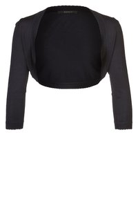 Svart kortärmad cardigan med långa ärmar, tillverkad av mjukt stickat tyg, med rundad halsringning och ribbad kant vid kanterna.