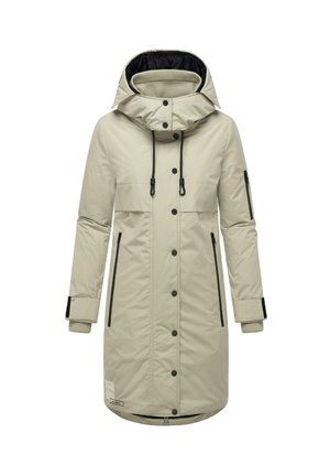 Beige waterdichte parka met een hoge kraag, verstelbare capuchon, zwarte accenten, met rits afgesloten zakken en geribde manchetten. Glad, geïsoleerd materiaal.