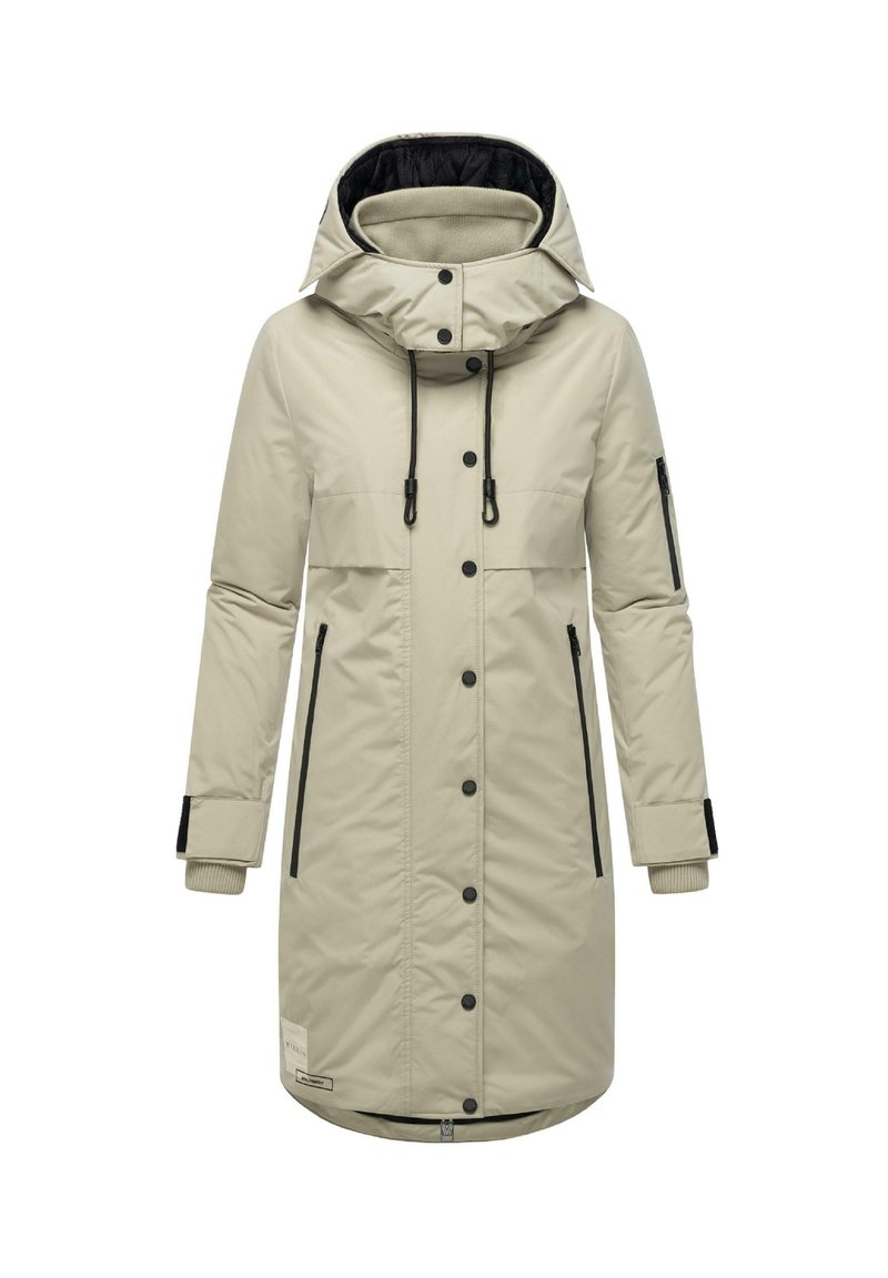 Beige waterdichte parka met een hoge kraag, verstelbare capuchon, zwarte accenten, met rits afgesloten zakken en geribde manchetten. Glad, geïsoleerd materiaal.