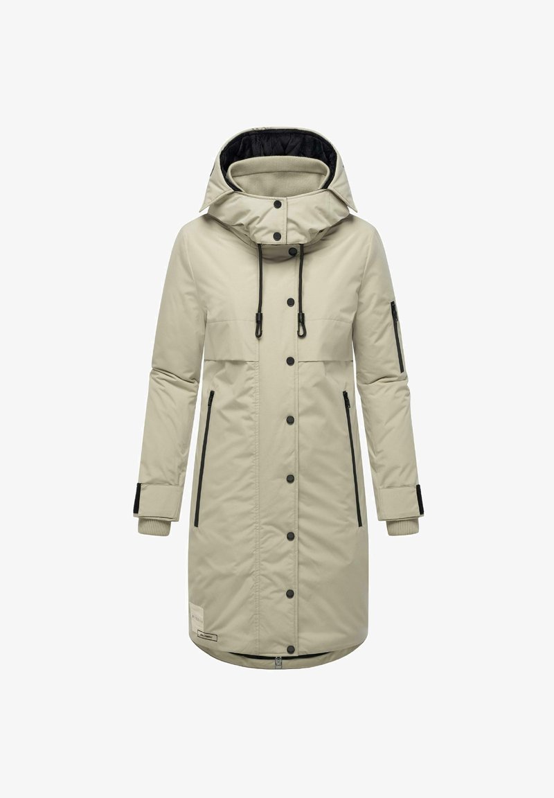 Parka impermeable beige con un cuello alto, capucha ajustable, detalles en negro, bolsillos con cremallera y puños de canalé. Tejido suave e insulated.