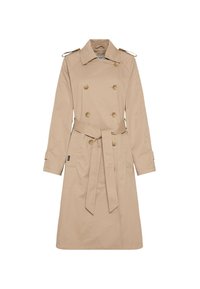 Trench coat beige realizzato in tessuto leggero, con chiusura doppiopetto, bottoni dorati, cintura con fibbia e tasche laterali.