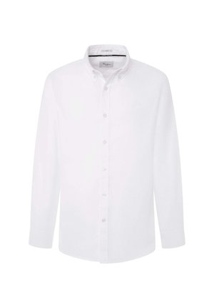 Bela srajca z dolgimi rokavi in gumbnimi zapiraji, ki ima klasičen ovratnik, zapirač z gumbi in gladko, cisto teksturo. Brez vidnih vzorcev ali detajlov.
