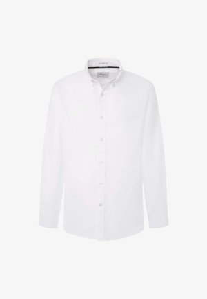Biała koszula z długim rękawem, zapinana na guziki, z klasycznym kołnierzykiem, plisą z guzikami oraz gładką, sztywną fakturą. Bez widocznych wzorów ani akcentów.