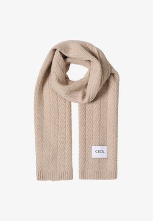Beige gestrickter Schal mit einem Fischgratmuster und gerippter Textur. Enthält ein kleines weißes Etikett mit "CECIL" in schwarzer Schrift.