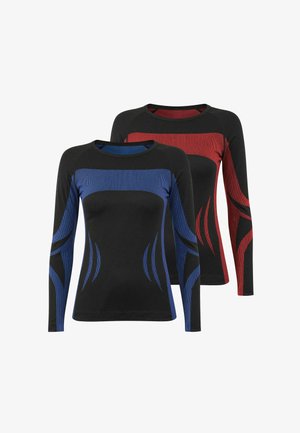 Two black long-sleeve athletic tops with blue and red abstract stripe patterns on chest, arms, and sides, displayed side by side.