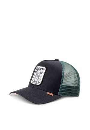 Black trucker cap with a green mesh back, featuring a white patch with palm tree graphics and "Dünns Be Fishing Club" text.