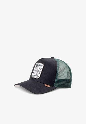 Black trucker cap with a green mesh back, featuring a white patch with palm tree graphics and "Dünns Be Fishing Club" text.