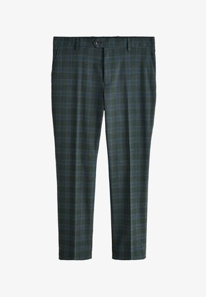 Sötétzöld nadrág kék kockás mintával, gombos és cipzáras záródással, oldalzsebekkel és övkötelekkel.