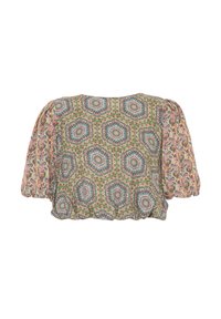 Blusa corta a maniche corte con un motivo esagonale e paisley multicolore su un tessuto leggero; presenta maniche gonfie e un orlo arricciato.
