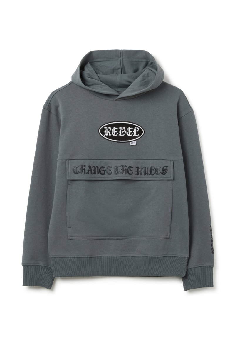 Grauer Kapuzenpullover mit vornem Taschen, "REBEL"-Patch und dem Text "CHANGE THE RULES", aus weichem Material mit gerippten Bündchen.