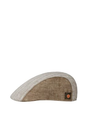 Flat cap in beige and brown herringbone fabric with a small round leather logo patch on the side.