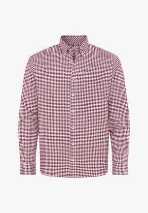 Rood-wit geblokt overhemd met een button-down kraag, lange mouwen, een enkele borstzak en witte knopen. Gemaakt van katoen, met een gladde textuur.