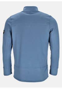 Blauer langärmeliger Pullover mit strukturierter, gerippter Oberfläche. Verfügt über einen hohen Kragen, kontrastierende Nähte und ein Logo-Tags am Ärmel.