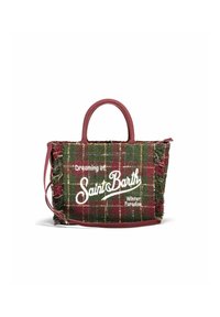Sac en toile avec un tissu à carreaux vert et bordeaux, bords effilochés, poignées en cuir et le texte "Rêver du Paradis d'Hiver à Saint Barth".