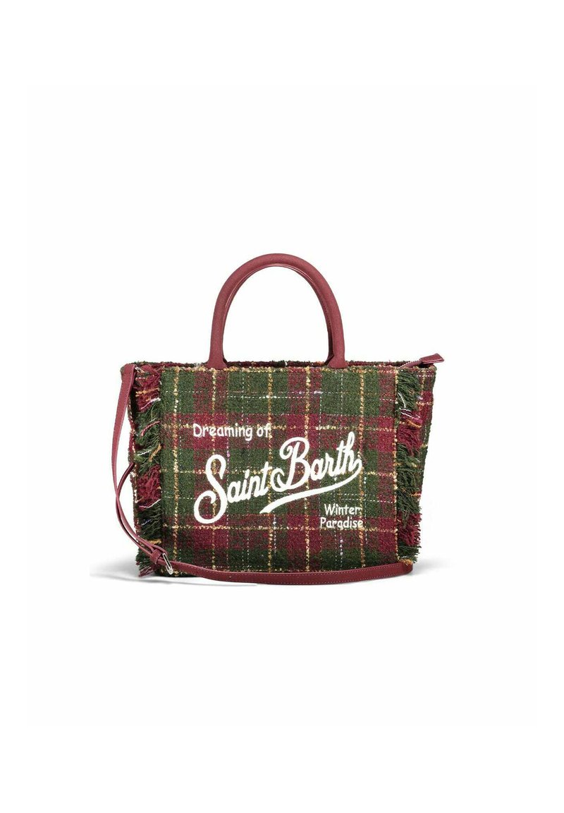 Sac en toile avec un tissu à carreaux vert et bordeaux, bords effilochés, poignées en cuir et le texte "Rêver du Paradis d'Hiver à Saint Barth".
