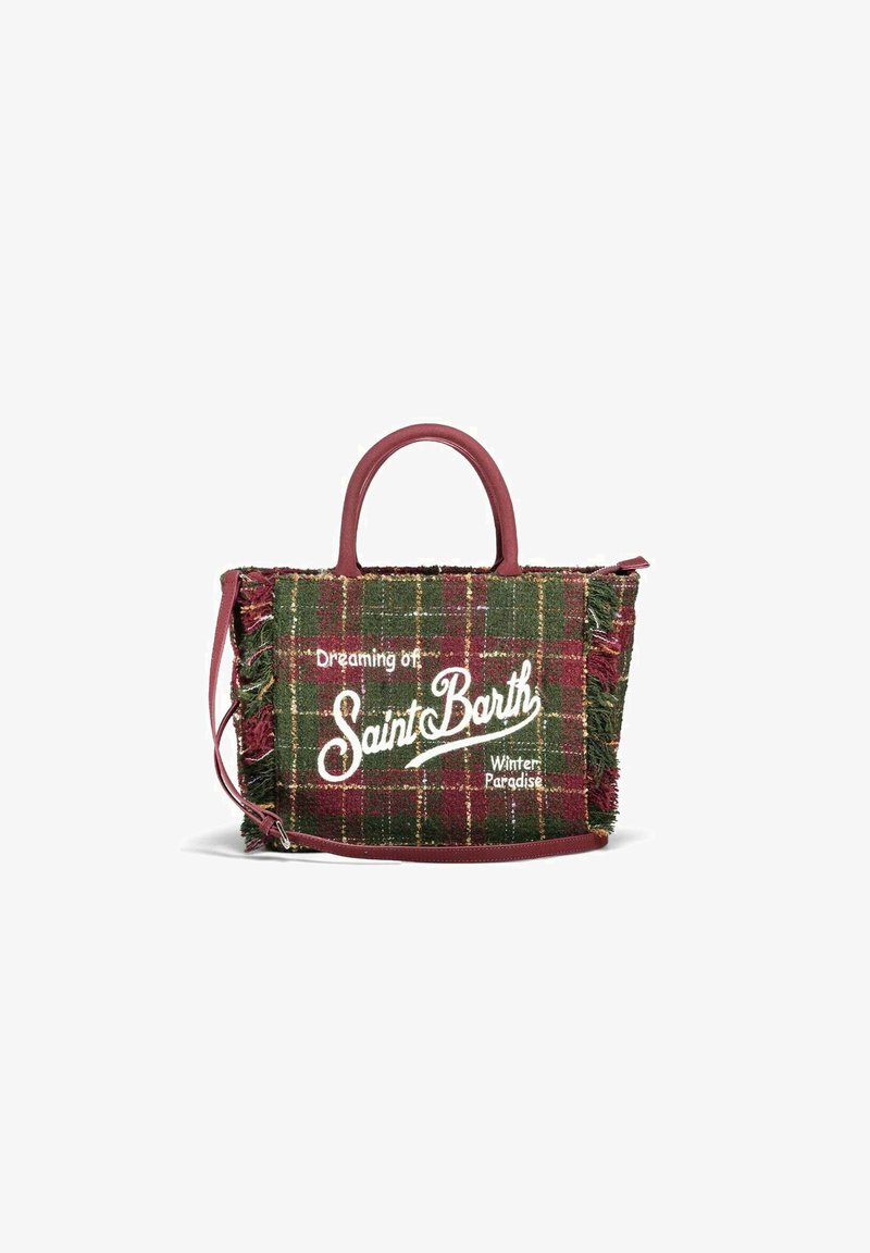 Sac en toile avec un tissu à carreaux vert et bordeaux, bords effilochés, poignées en cuir et le texte "Rêver du Paradis d'Hiver à Saint Barth".