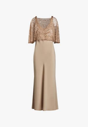 Ärmelloses Kleid mit einer taillierten Silhouette in Beige, das mit einem durchsichtigen, mit Pailletten versehenen Überzug in Bronze ausgestattet ist, der Textur und Glanz verleiht.