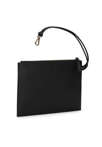 Černá kožená psaníčko s kovovým zipem a odnímatelným popruhem. Hladký povrch a minimalistický design s malým logem. 