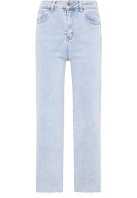 Jeans din denim albastru deschis, cu picior drept, talie înaltă, buzunare frontale și margini descusute. Fabricate din țesătură de bumbac, având cusături minime.