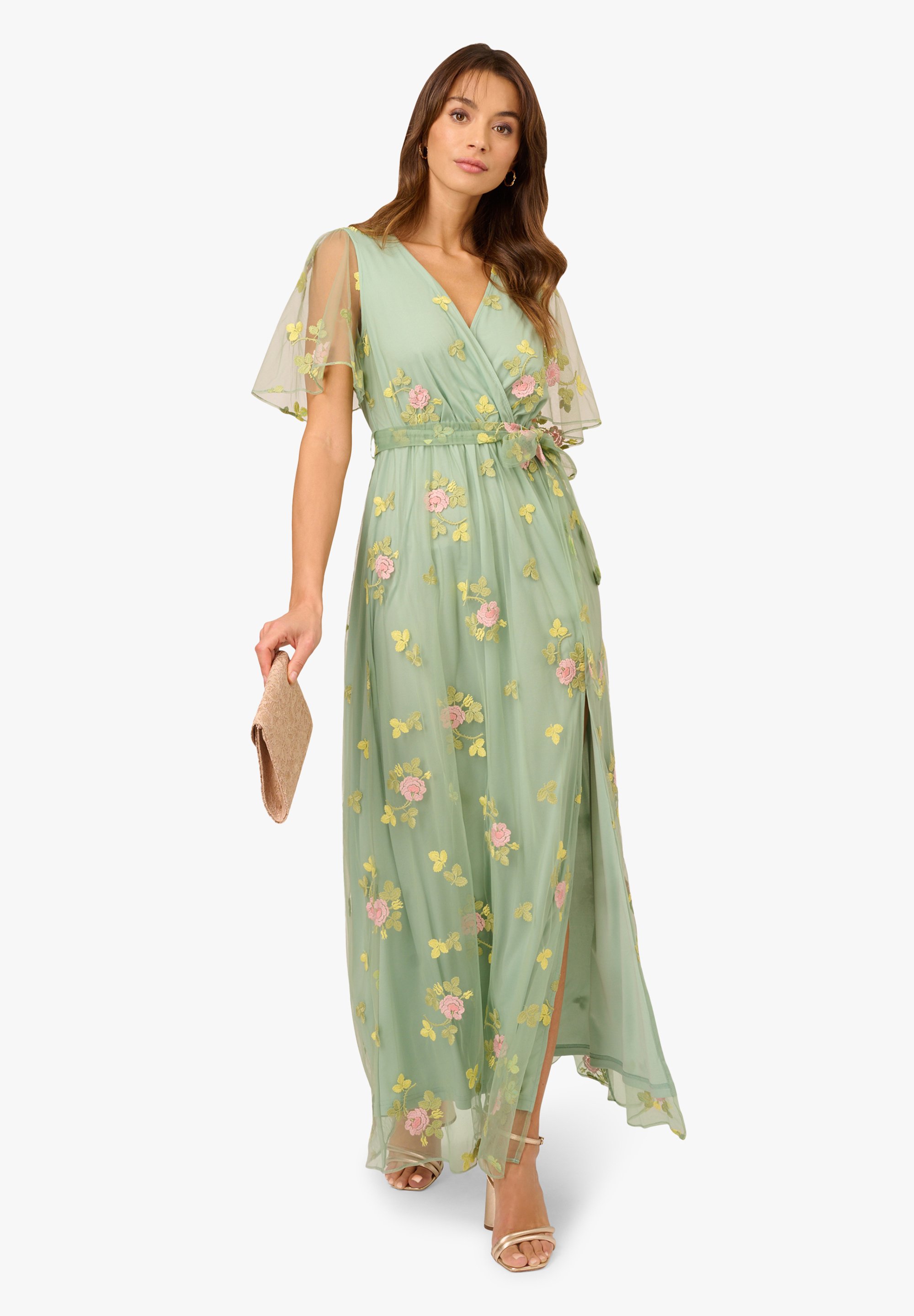 green emerald velvet dress One Shoulder Beaded Metallic Floral Gown In Sage Multi