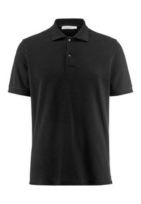 Zwart polo-shirt met korte mouwen, gemaakt van katoen, met een kraag en een knoopsluiting met twee knopen. Gladde textuur, eenvoudig ontwerp zonder patronen.