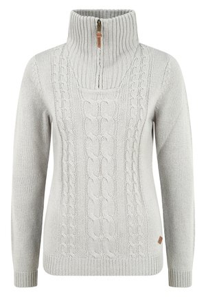 Pull gris clair avec un col zippé haut, présentant un motif en maille torsadée sur le devant et des manches et un ourlet côtes. Accent en cuir avec logo.