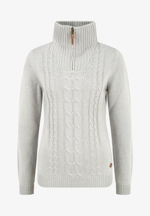 Svijetlosivi pulover s visokim patentnim zatvaračem, s uzorkom pletenog dizajna na prednjoj strani i rebrastim manžetama i donjim rubom. Kožni logotip kao detalj.