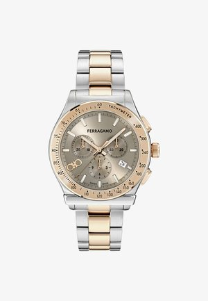 Montre chronographe pour homme Ferragamo avec bracelet en métal argenté et doré, lunette tachymètre, trois sous-cadrans et affichage de la date à 16 heures.