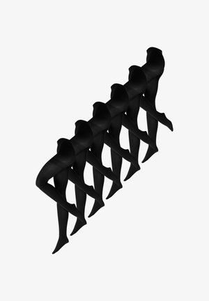 Sorte, uigennemsigtige strømpebukser vist i en diagonal opstilling med en glat tekstur og et sømløst design fra talje til tæer.