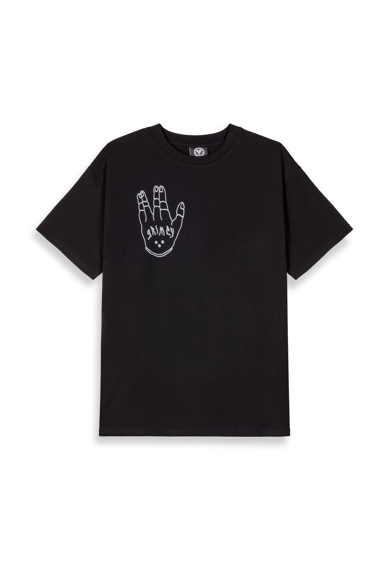 Camiseta de algodón negra de manga corta, con un gráfico de mano blanca y un diseño de texto en el pecho. Cuello redondo, corte relajado.