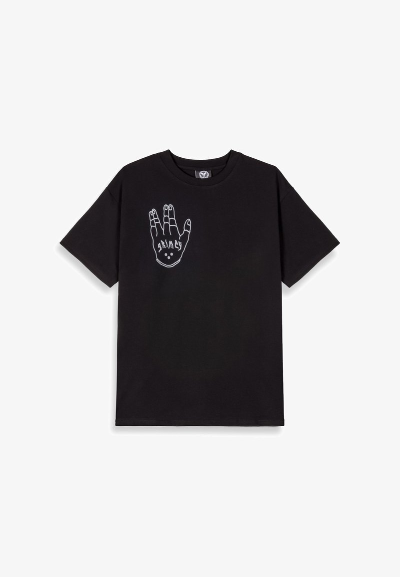 Camiseta de algodón negra de manga corta, con un gráfico de mano blanca y un diseño de texto en el pecho. Cuello redondo, corte relajado.