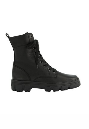 Schwarzer Leder-Kampfstiefel mit Schnürung, dicker robuster Sohle und knöchelhohem Design.