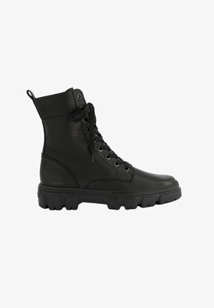 Black leather lace-up combat boot with thick rugged sole and ankle-high design.