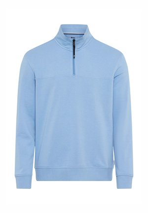 Lyseblå langærmet pullover med ribkant ved ærmer og kant, med en kvartlynlås i sort og en opretstående krave.