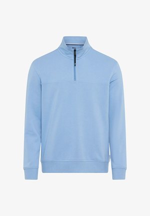 Lyseblå langærmet pullover med ribkant ved ærmer og kant, med en kvartlynlås i sort og en opretstående krave.