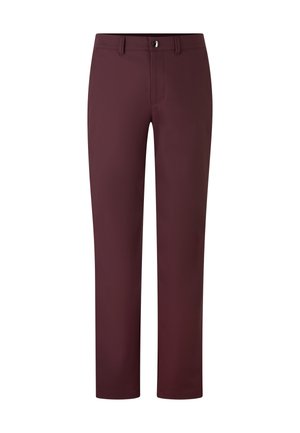 Pantalons bordeaux à coupe droite, en tissu lisse, avec fermeture à bouton et poches avant standards.
