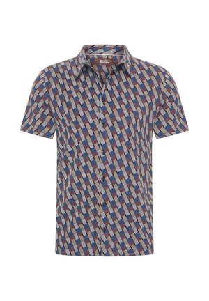 Short-sleeved button-up shirt featuring a geometric pattern in blue, red, and cream. Fabric is lightweight with a smooth texture.