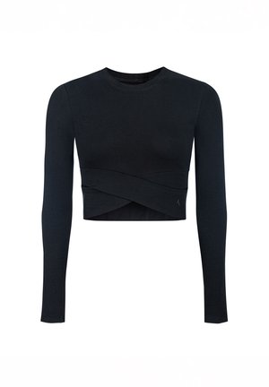 Black long-sleeve crop top made of soft, stretchy fabric. Features a twisted front design and a round neckline. Simple and fitted silhouette.
