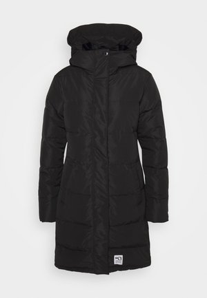 Schwarze Puffjacke mit einer gesteppten Kapuze, langen Ärmeln und seitlichen Taschen. Verfügt über einen durchgehenden Reißverschluss vorne und ein Logo-Patch am Saum.