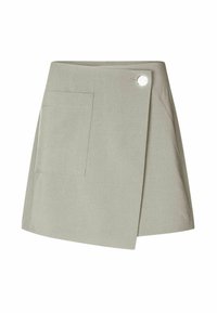 Light gray wrap skirt with a side pocket and a circular button detail. Made of a smooth fabric, featuring a clean, minimalist design.