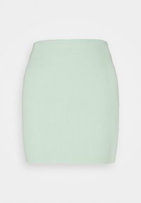 Gonna mini a coste verde menta con una forma aderente e una texture liscia, dotata di una cintura ampia e senza dettagli aggiuntivi.